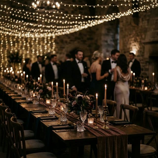 A beautifully lit wedding reception with happy couple