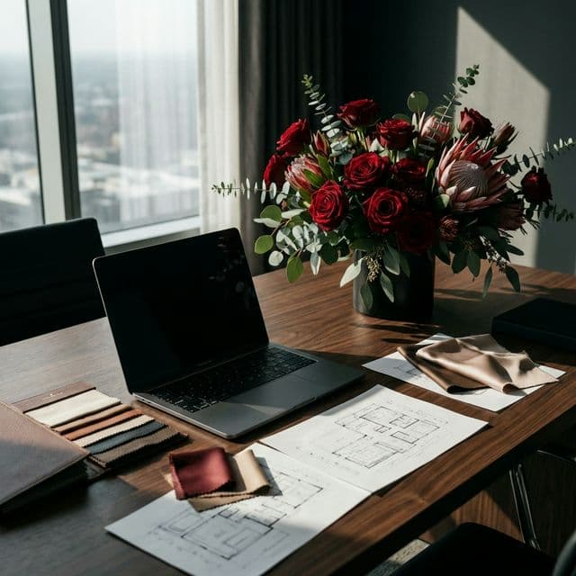 High end workspace of a wedding planner using Vela on their laptop